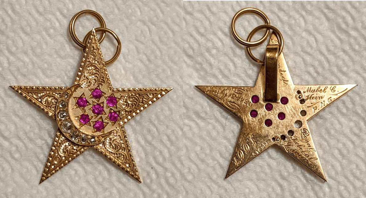 Rose Gold Sophia Pentagram Pendant: with 7 Ruby Roses and a Diamond Studded Moon - Anthroposophy Shop