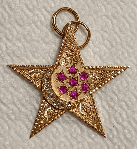 Rose Gold Sophia Pentagram Pendant: with 7 Ruby Roses and a Diamond Studded Moon - Anthroposophy Shop